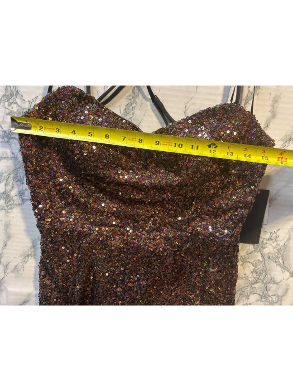 City studio Size 13/14 Sequin Bronze Mini Dress With Strappy Back & Side Slit - Picture 4 of 9